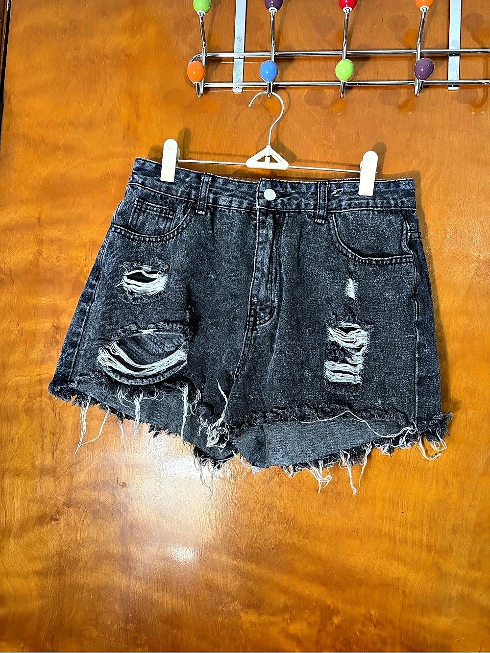 SHEIN EZwear High Waist Ripped Raw Trim Denim Shorts Black Small